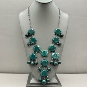 Statement Bib Necklace Women Green Faux Marble Resin Stones Silver Tone Chain